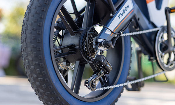 close-up view of derailleur gears on the Tyson ev bike