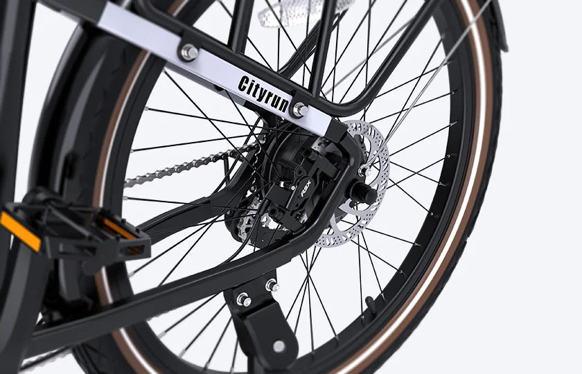Close-up view of hydraulic-disc brake on the Heybike cityrun ebike