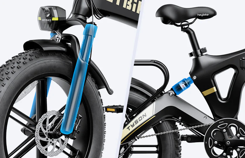 Close-up view of hydraulic front and back suspension on the tyson Ebike