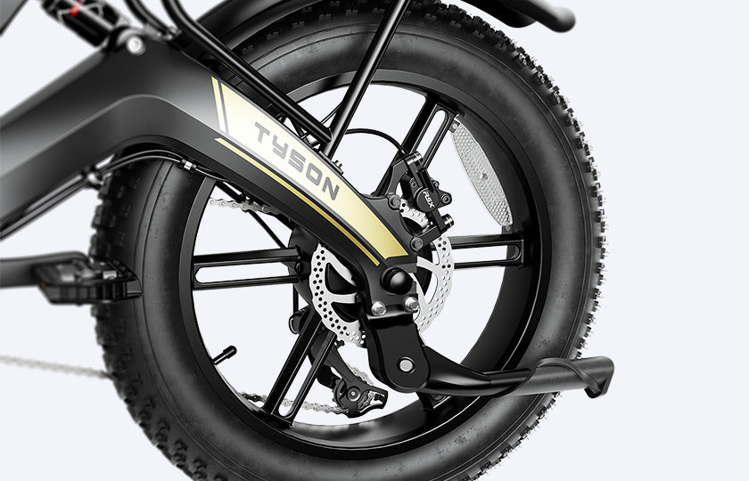 Close-up view of hydraulic-disc brakes on the Tyson ebike