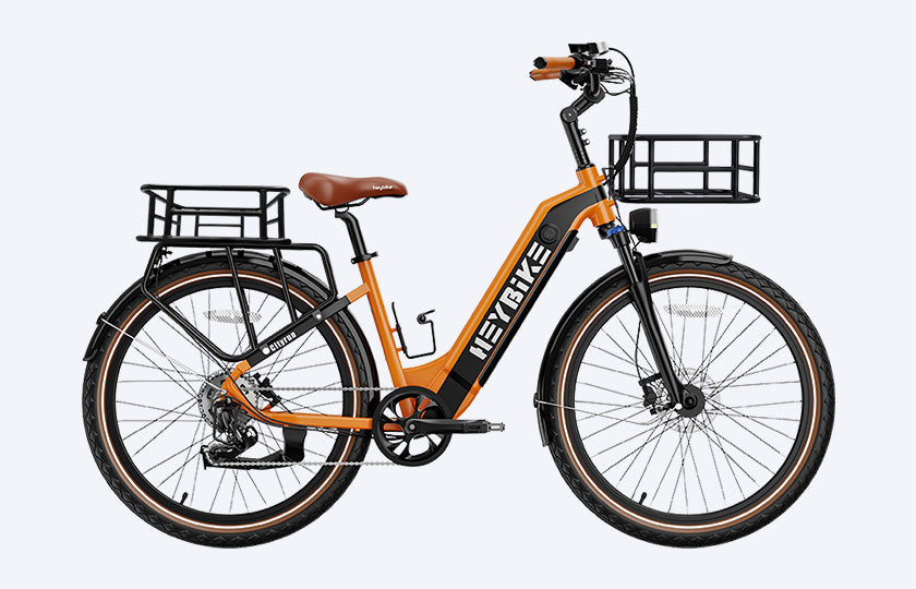 Close-up of a Cityrun ebike with a front basket, rear basket, and spoked wheels