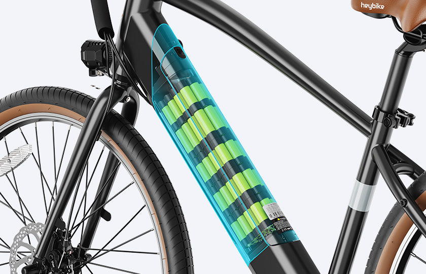 Close-up view of removable battery on the Heybike sola ebike