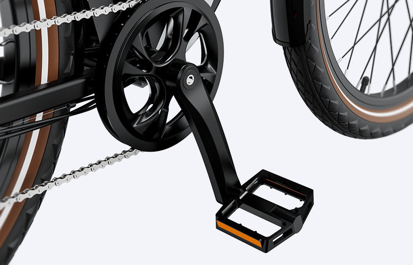 Close-up view of aluminum alloy pedals with non-slip and nail column design.