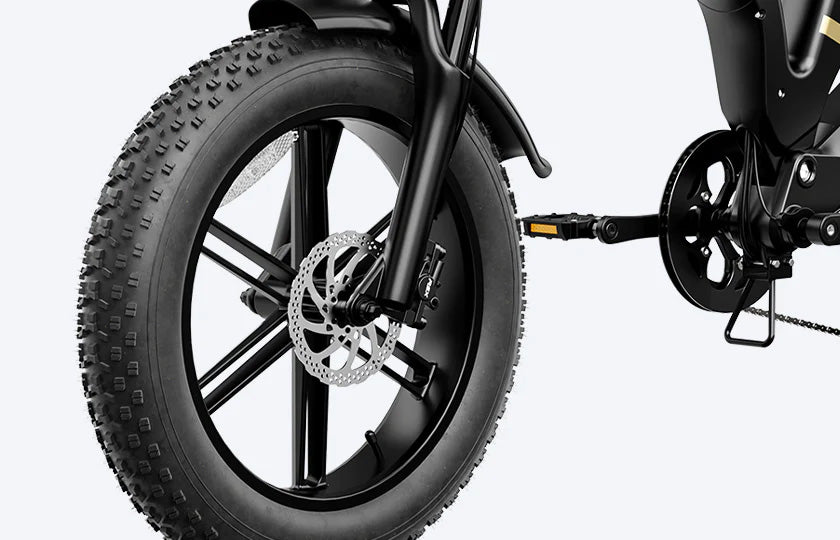 Close-up view of 20 inch by 4 inch fat tire on the Tyson ebike