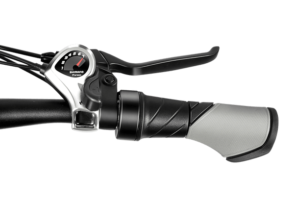 Close-up view of the right grip, brake controller, shimano 7-speed, throttle