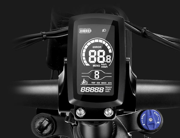 Cloe-up view of display, include speed, mileage, power, odometer and more info