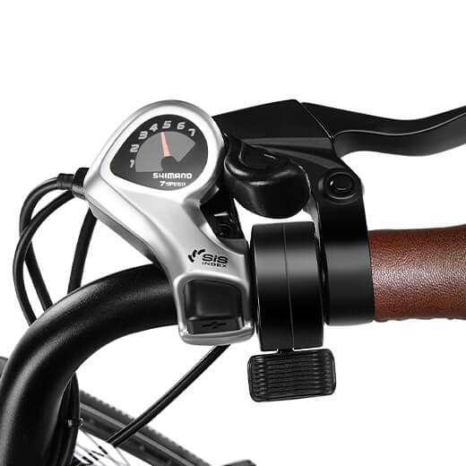Close-up view of the right grip, shimano 7-speed, controller, brake,  throttle on the Citycape e-bike