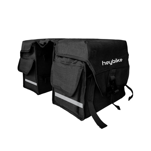 Close up of black.The bike rack pannier bag comes with 2 large side pockets