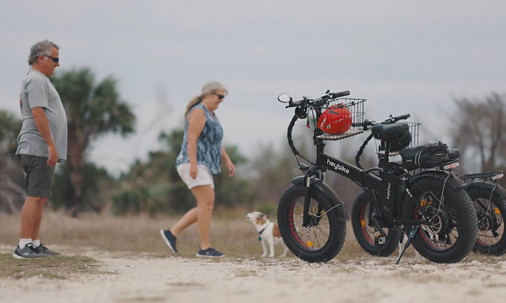 A couple rides an e-bike with their dog.