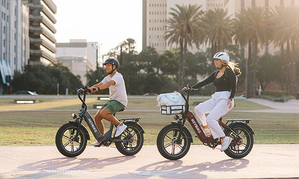 They ride electric folding bikes in the city