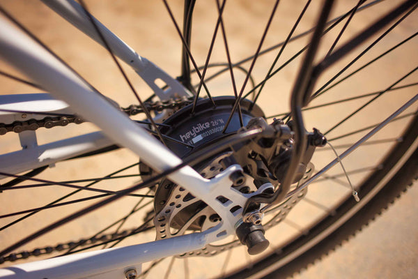 Close-up view of brushless motor on the Heybike Cityscape ebike