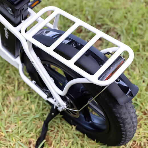 Close-up view of White rear rack on the Heybike ranger ebike