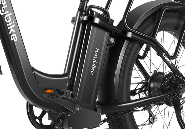 Close-up view of removable battery on the Explore Ebike