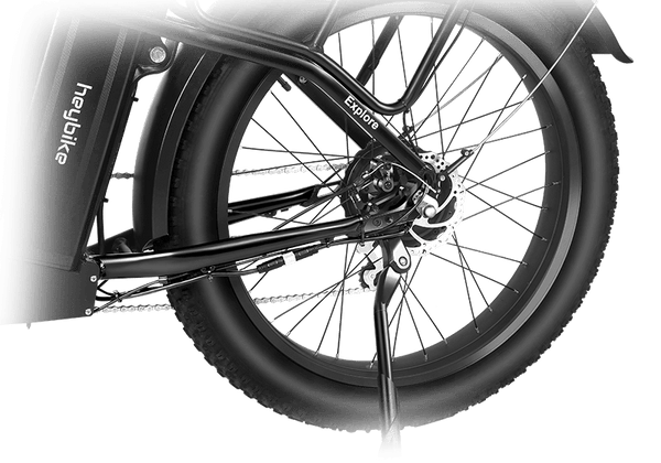 A close-up of the brushless motor on the Heybike Explore ebike