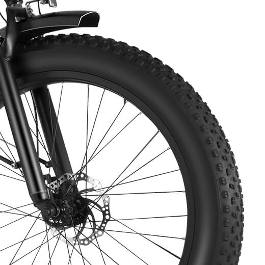 close-up view of 26 inch by 4 inch fat tire on the Heybike explore ebike