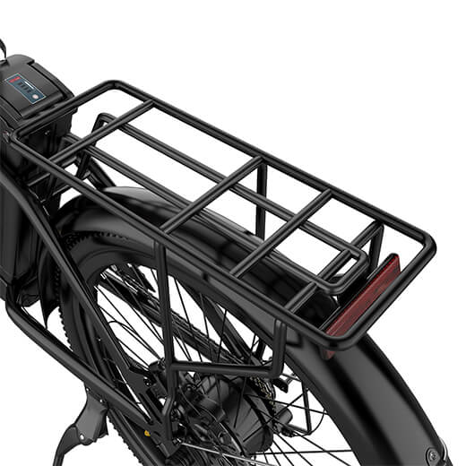 Close-up view of large bike rack on the Cityscape ebike